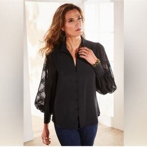 Soft‎ Surroundings Lorenzo Elegant Black Embroidered Sleeve Women's Top Size 3x